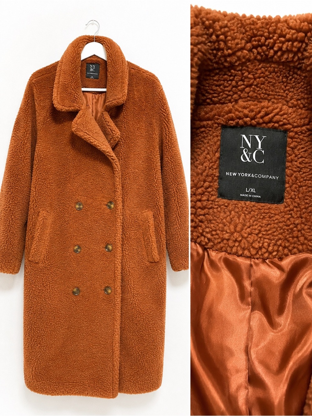 New York & Company Rust Teddy Faux-Sherpa Double-Breasted Coat